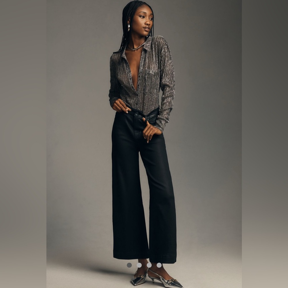 NWT Anthropologie $259 PAIGE Anessa Black coated Wide Leg Pants stretch Sz. 28